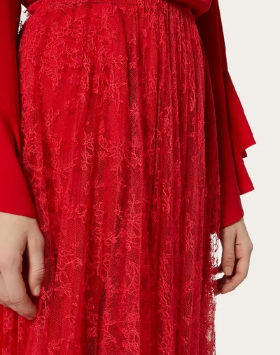 Shop Valentino Pleated Chantilly Lace Skirt In Red