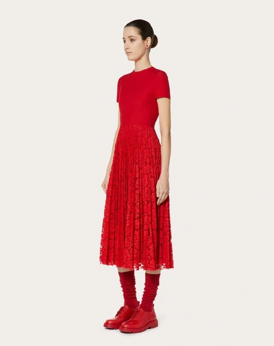 Shop Valentino Crepe Couture And Heavy Lace Pleated Dress In Red