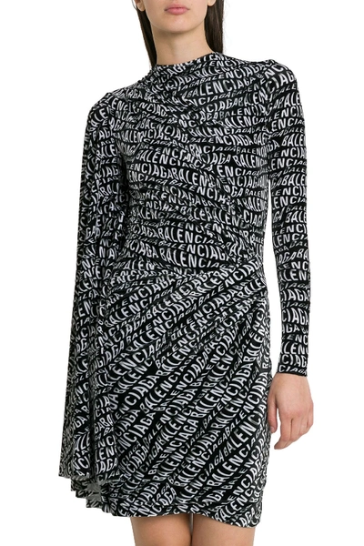 Shop Balenciaga Asymmetric Dress With Allover Logo And Dolman Sleeve In Nero