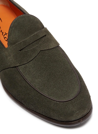 Shop Santoni Suede Penny Loafers In Olive Green