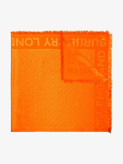 Shop Burberry Orange Bb Logo Jacquard Silk Wool Blend Scarf