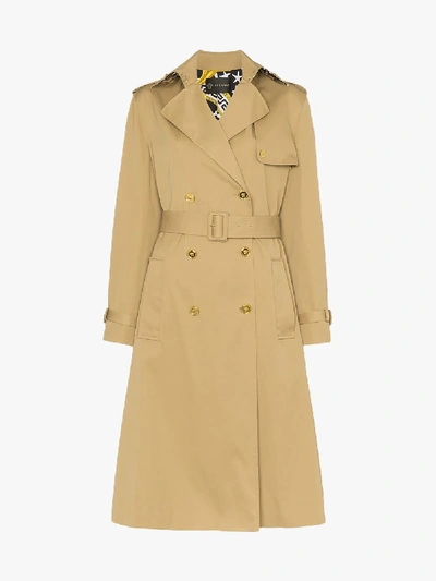 Shop Versace Double Breasted Belted Panelled Silk Cotton Trench Coat In Neutrals