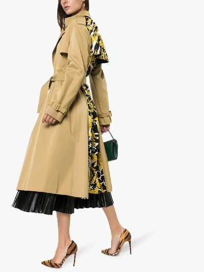 Shop Versace Double Breasted Belted Panelled Silk Cotton Trench Coat In Neutrals