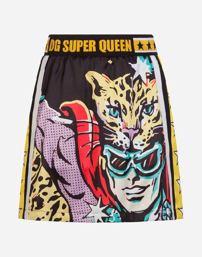 Shop Dolce & Gabbana Short Satin Skirt With Super Heroine Print In Multi-colored