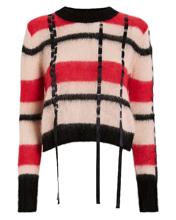 3.1 Phillip Lim Striped Mohair Crewneck Pullover With Ribbon In Red