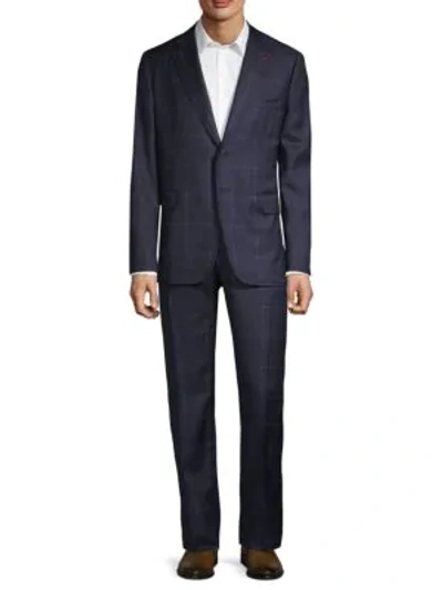 Shop Isaia Slim-fit Windowpane Wool Suit In Dark Blue