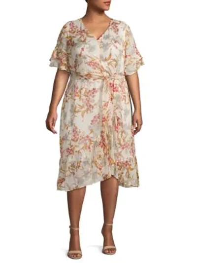 Shop Vince Camuto Plus Floral-print Midi Wrap Dress In Pearl Ivory