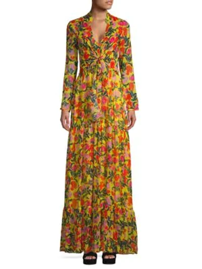 Shop Saloni Silk Georgette Floral Long-sleeve Maxi Dress In Yellow