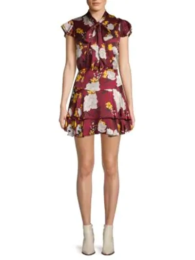 Shop Alice And Olivia Lashay Floral Tie-neck Mini Dress In Red White