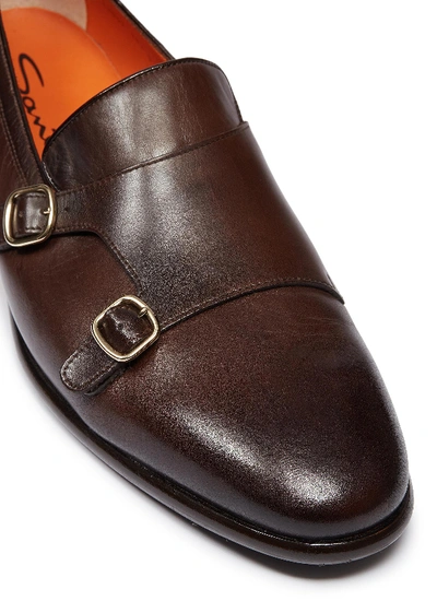 Shop Santoni Double Monk Strap Leather Loafers In Dark Brown