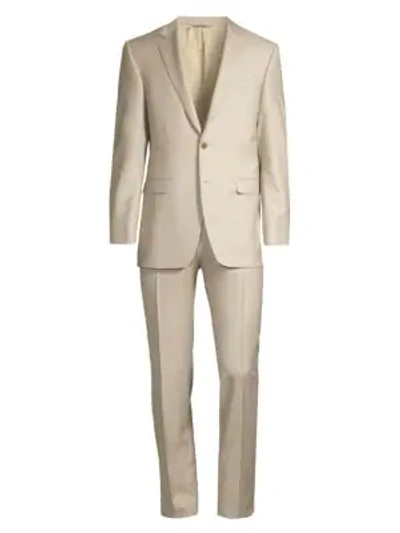 Shop Canali Modern-fit Mid-rise Single-breasted Wool Suit In Beige