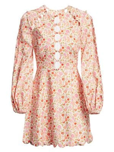 Shop Zimmermann Goldie Scalloped Floral Puff-sleeve Mini Dress In Coral Blossom