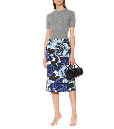 Shop Prada Floral Cotton-poplin Skirt In Blue