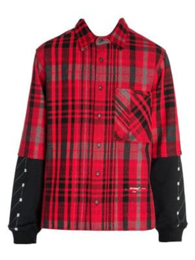 Shop Off-white Jersey Sleeve Plaid Shirt In Red Black