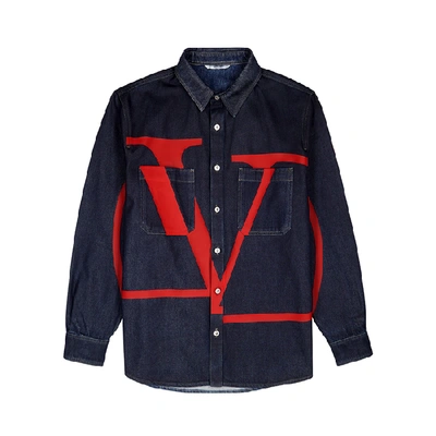 Shop Valentino Blue Logo-print Denim Overshirt