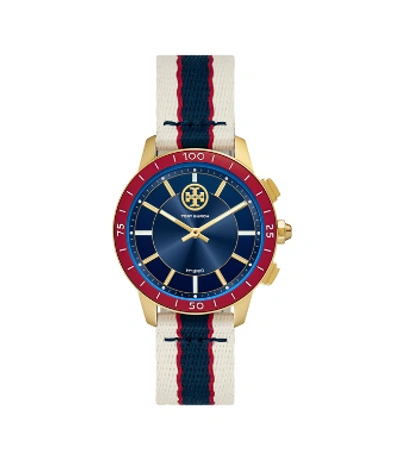 Tory Burch Collins Hybrid Smartwatch, Grosgrain/navy/red/gold-tone, 38 Mm X  45 Mm In Navy/gold/red | ModeSens
