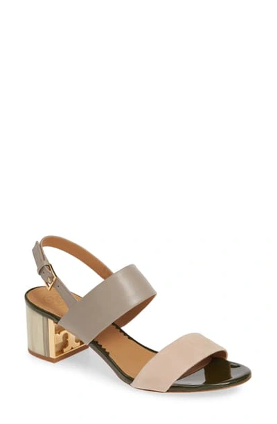 Shop Tory Burch Gigi T Logo Sandal In Gray Heron / Light Taupe