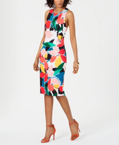 Shop Donna Ricco Printed Crisscross-back Sheath In Red/teal