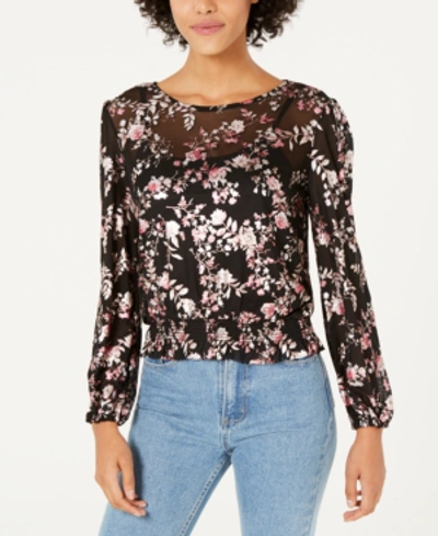 Shop Almost Famous Juniors' Metallic Floral-printed Smocked Top In Taupe/black Combo