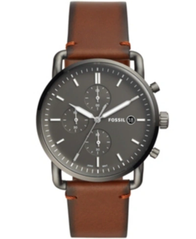 Shop Fossil Mens Commuter Gray Case And Brown Leather Strap