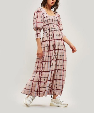 Shop Ganni Shirred Check Maxi-dress In Moonlight Mauve