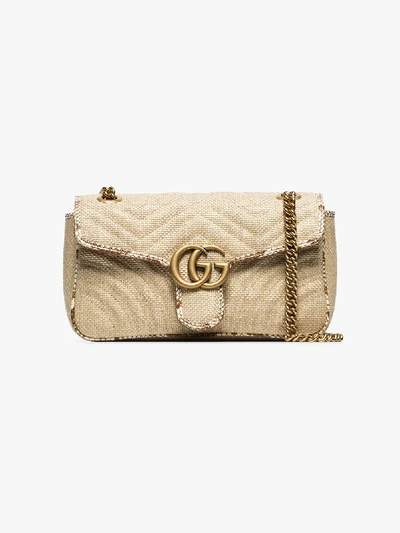 Shop Gucci Beige Marmont Small Straw Shoulder Bag In Neutrals