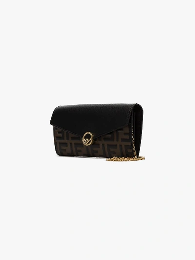 Shop Fendi Brown And Black Ff Logo Leather Wallet On Chain
