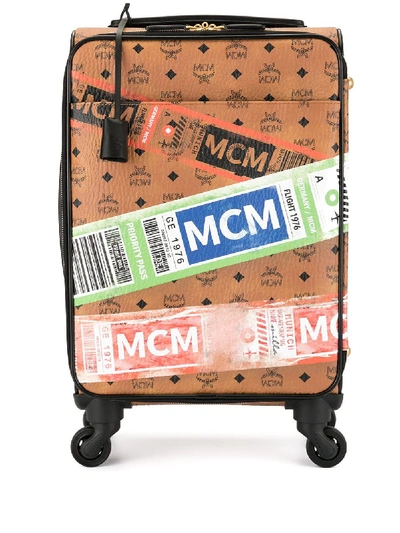 Shop Mcm Stark Flight Print Trolley Wheeled Suitcase - Orange