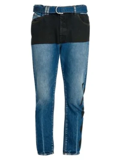 Shop Off-white Slim Fit Low Crotch Cropped Jeans In Dark Blue