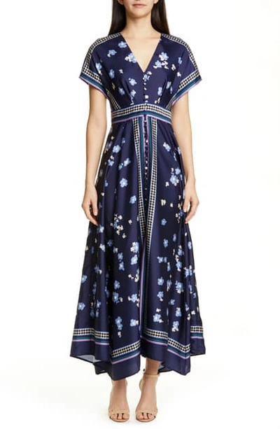 Shop Lela Rose Button Front Handkerchief Hem Maxi Dress In Navy Multi