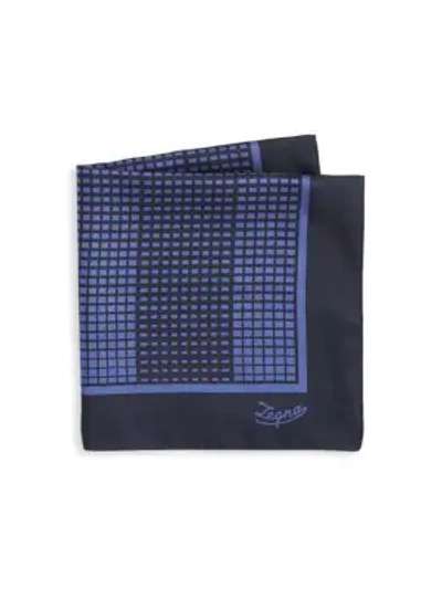 Shop Ermenegildo Zegna Grid Print Silk Pocket Square In Blue