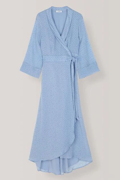 Shop Ganni Printed Georgette Wrap Dress In Blue