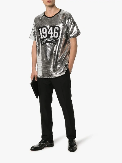 Shop Balmain Sequin-embellished Logo T-shirt In Silver