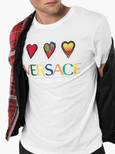 Shop Versace Embroidered Logo Heart T-shirt In White