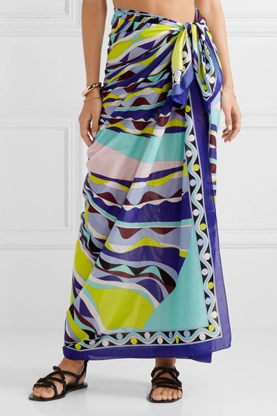 Shop Emilio Pucci Printed Cotton-voile Pareo In Turquoise