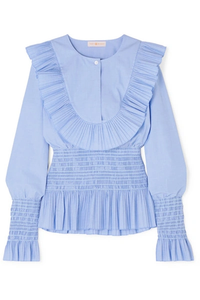 Shop Tory Burch Smocked Ruffled Cotton Blouse In Light Blue