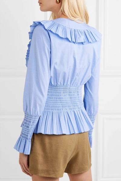 Shop Tory Burch Smocked Ruffled Cotton Blouse In Light Blue