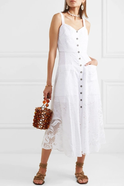 Shop Saloni Fara Crocheted Lace-trimmed Broderie Anglaise Cotton Midi Dress In White