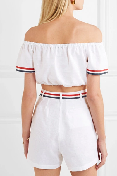 Shop Miguelina Tessa Off-the-shoulder Cropped Linen Top In White
