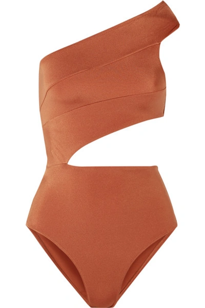 Shop Oye Swimwear Veronique Cutout One-shoulder Swimsuit In Brown
