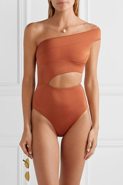 Shop Oye Swimwear Veronique Cutout One-shoulder Swimsuit In Brown