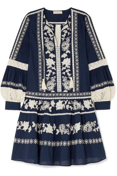 Shop Tory Burch Boho Crochet-trimmed Embroidered Swiss-dot Cotton Mini Dress In Navy