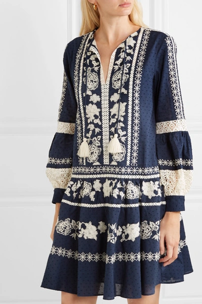 Shop Tory Burch Boho Crochet-trimmed Embroidered Swiss-dot Cotton Mini Dress In Navy