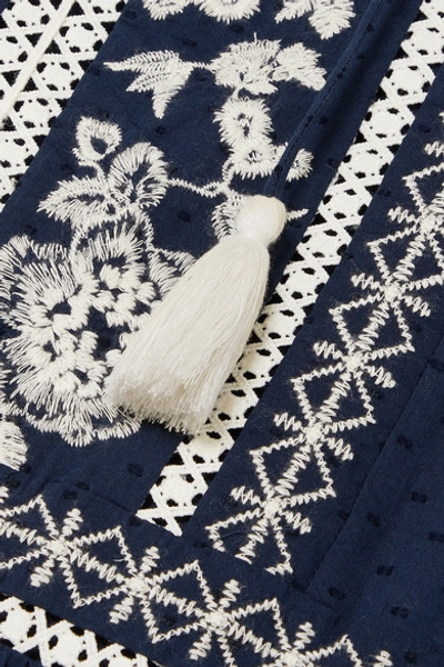 Shop Tory Burch Boho Crochet-trimmed Embroidered Swiss-dot Cotton Mini Dress In Navy