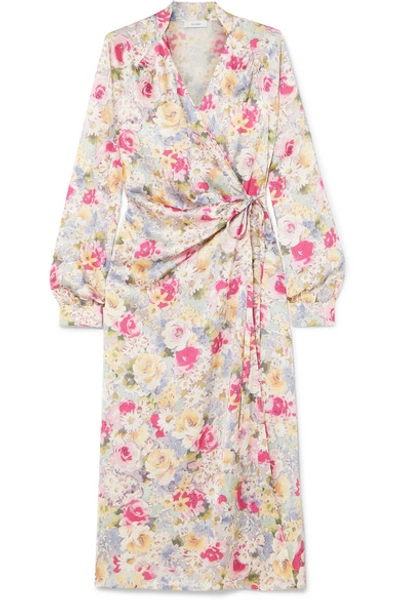 Shop Art Dealer Michelle Gathered Floral-print Satin Wrap Dress In Pink