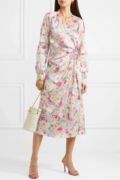 Shop Art Dealer Michelle Gathered Floral-print Satin Wrap Dress In Pink