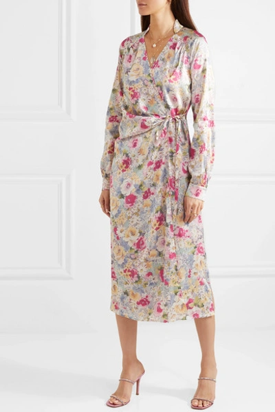 Shop Art Dealer Michelle Gathered Floral-print Satin Wrap Dress In Pink