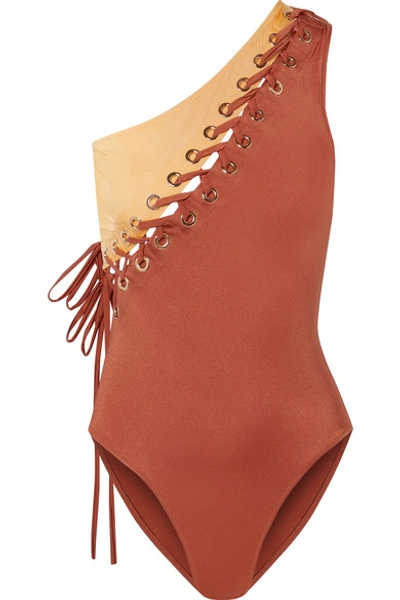 Shop Oye Swimwear Charlotte Lace-up Two-tone One-shoulder Swimsuit In Brown