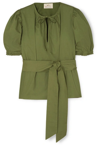 Shop Aross Girl X Soler Brooke Belted Cotton-poplin Top In Green