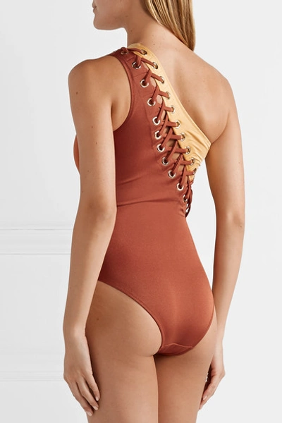 Shop Oye Swimwear Charlotte Lace-up Two-tone One-shoulder Swimsuit In Brown